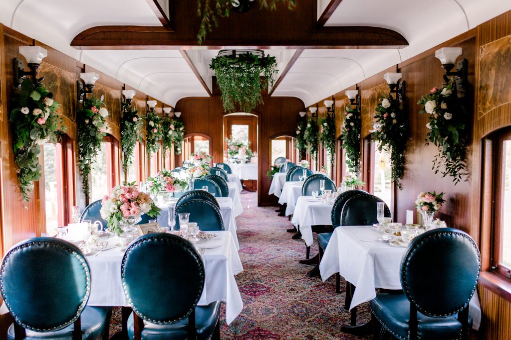 The River Forth Dining car set up for a catered event at Heritage Park