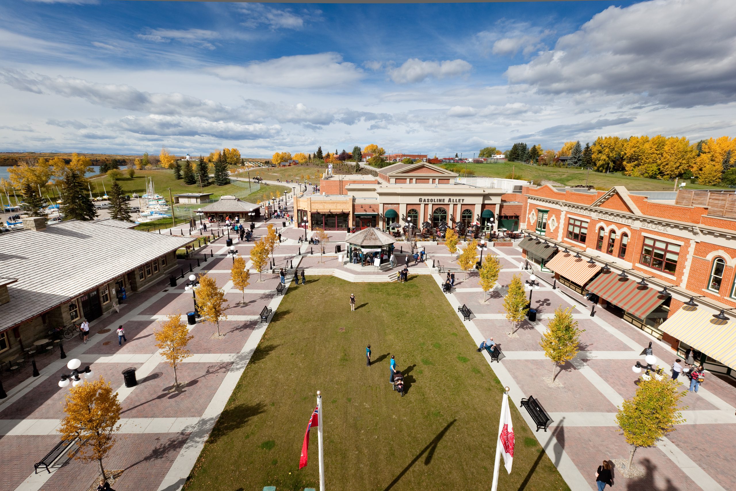 An aerial shot of the Engineered Air Plaza at Heritage Park, located in Heritage Towne Square