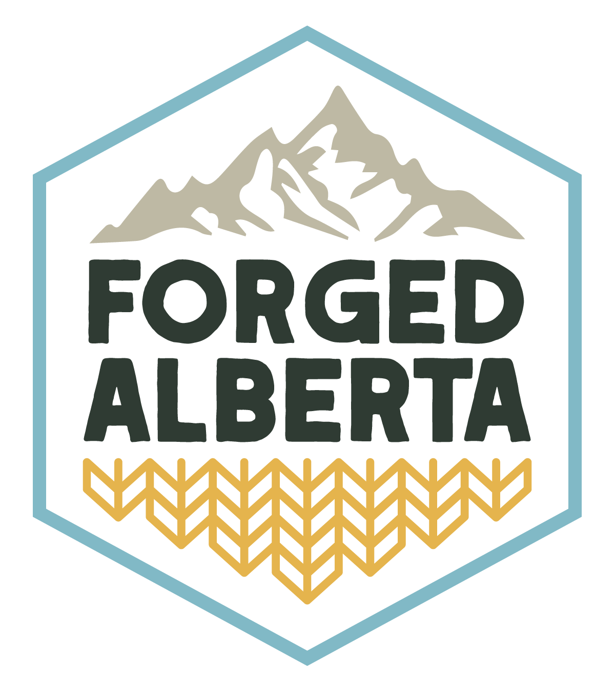 The logo for the Forged Alberta store at Heritage Park. Features mountains and wheat.