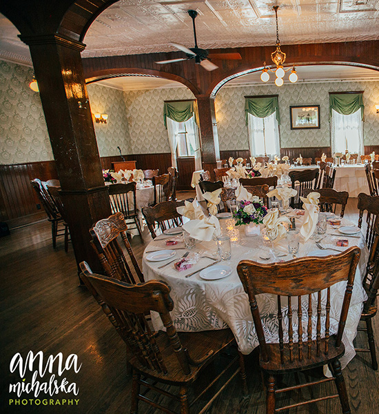 Formal Vintage Dining Hall at the Wainwright Hotel Set for a Wedding Reception