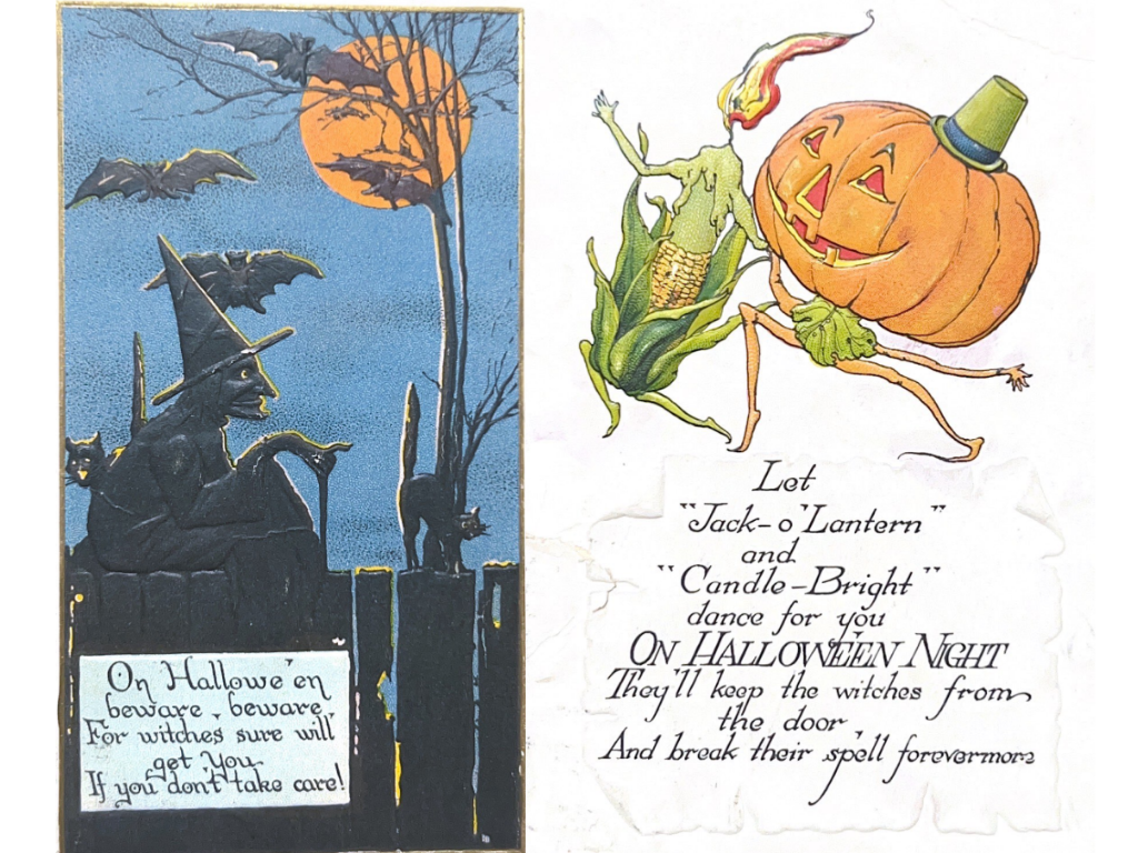 Two vintage halloween postcards. One featuring a witch under a full moon with bats flying around. The other featuring an illustration of a dancing jack o' lantern and candle