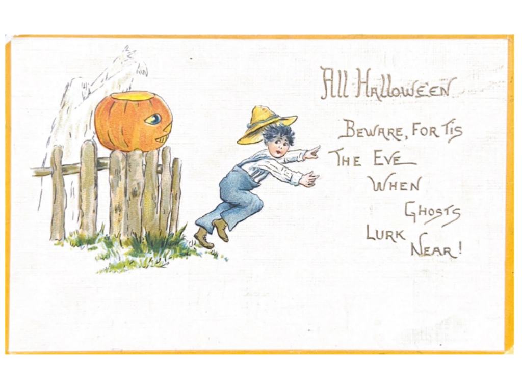 A vintage halloween postcard featuring an illustration of a young boy running away from a jack o' lantern